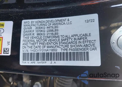 2022 Honda Accord Sport from USA, damaged, VIN 1HGCV1F31NA118552